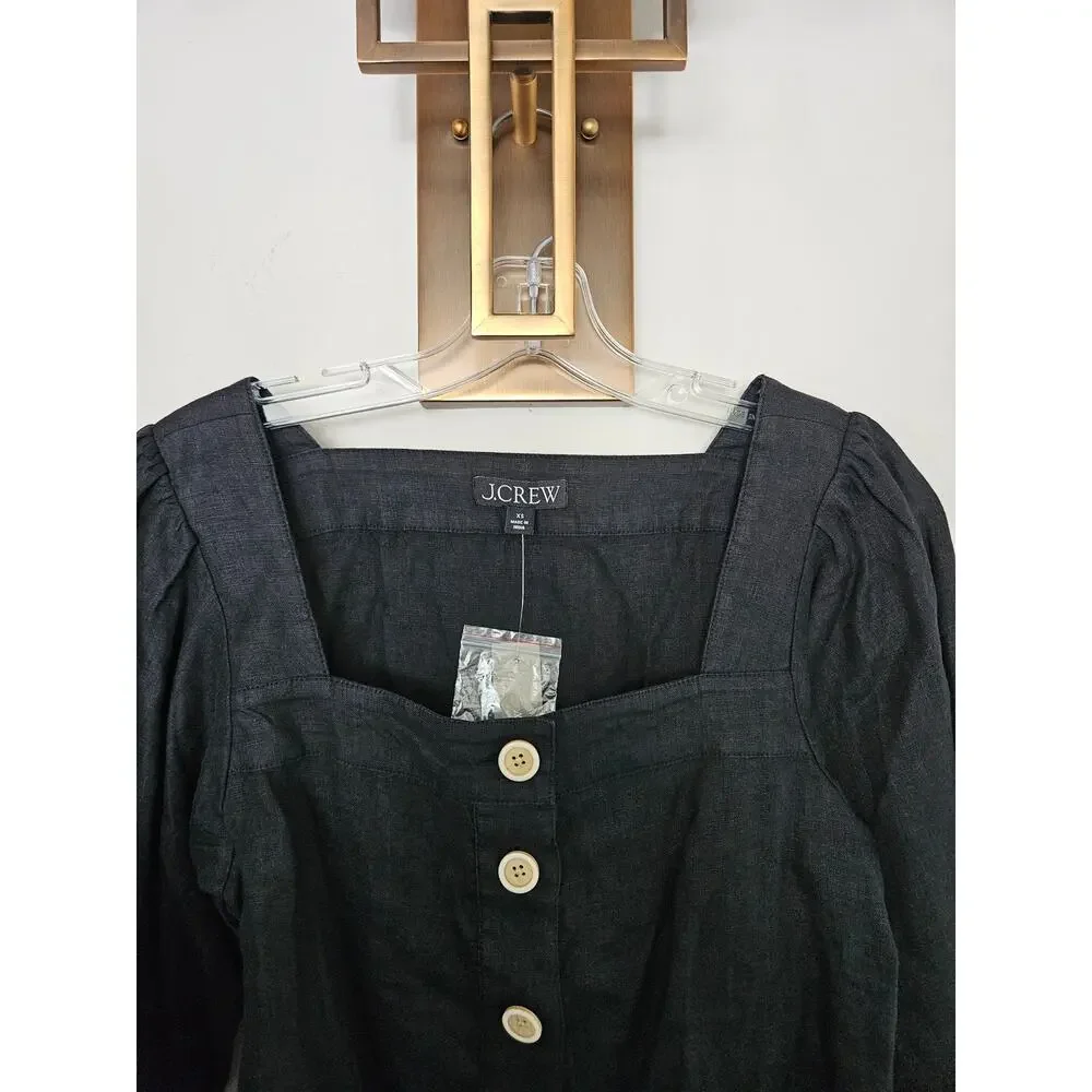 J. Crew Black Squareneck Button-Up Linen Top NWT Size X-Small